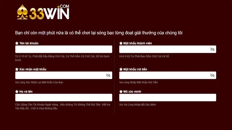 Biểu mẫu đăng ký 33WIN